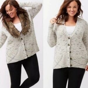 Lane‎ Bryant Womens Plus Size Gray Knit Cardigan with Faux Fur Collar 22/24
